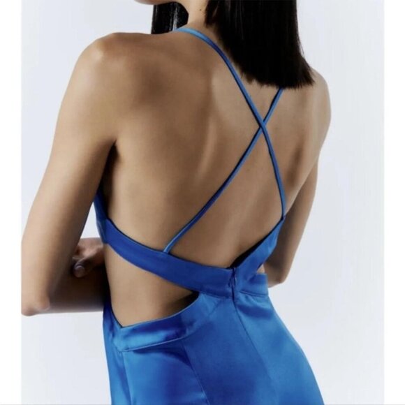 Zara Satin Effect Cut Out Maxi Dress Blue Bloggers Fav Size Small - Picture 5 of 14
